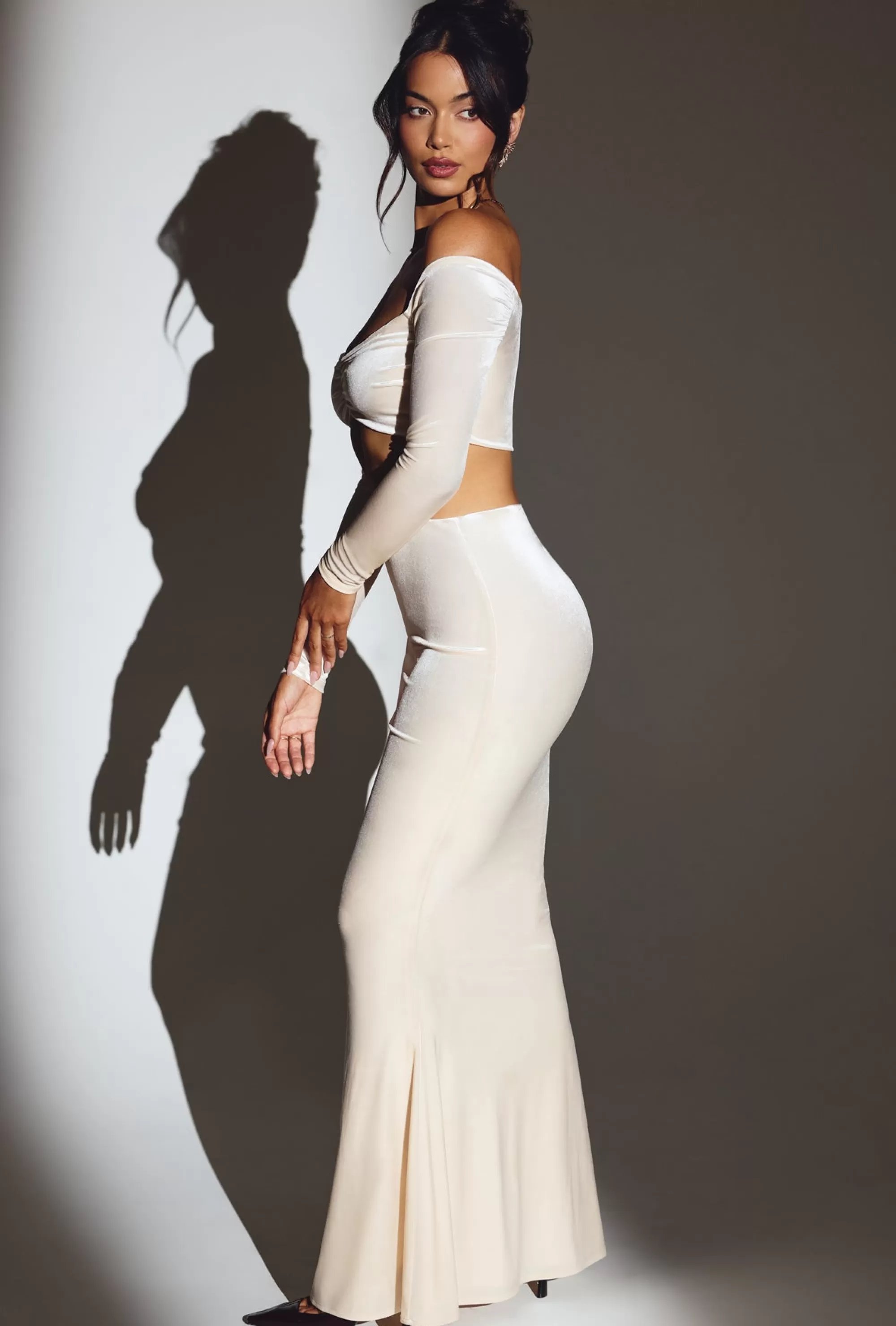 Oh Polly Velvet Off The Shoulder Ruched Crop Top in Ivory New