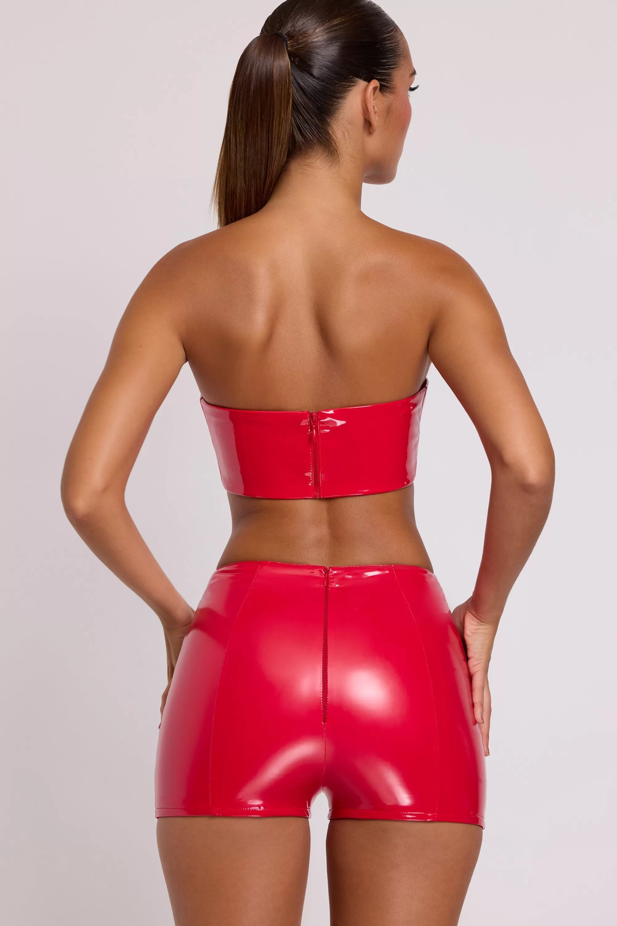 Oh Polly Vinyl Angled Waist Mini Shorts in Fire Red FireRed Best