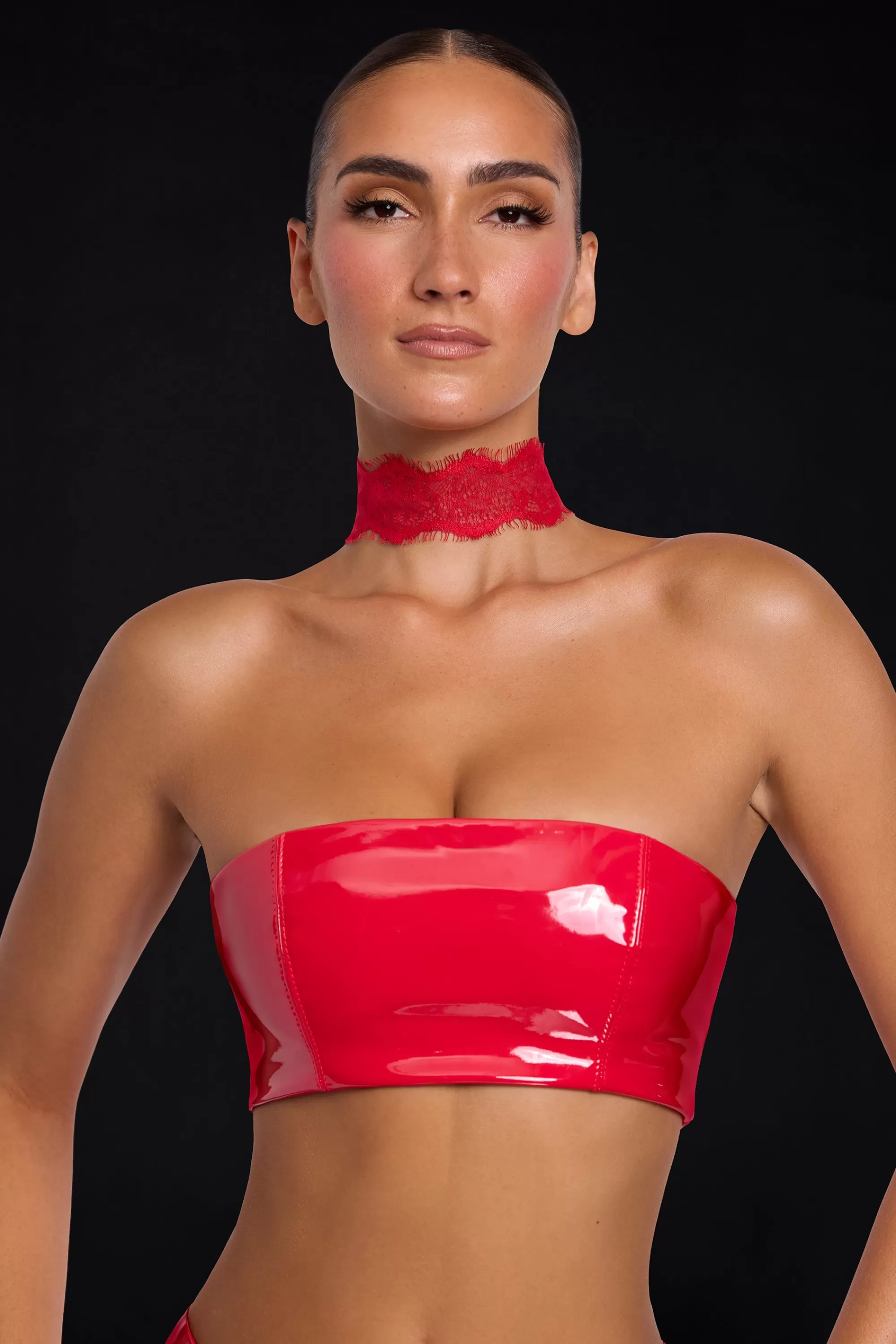 Oh Polly Vinyl Bandeau Bralette in Fire Red FireRed Outlet