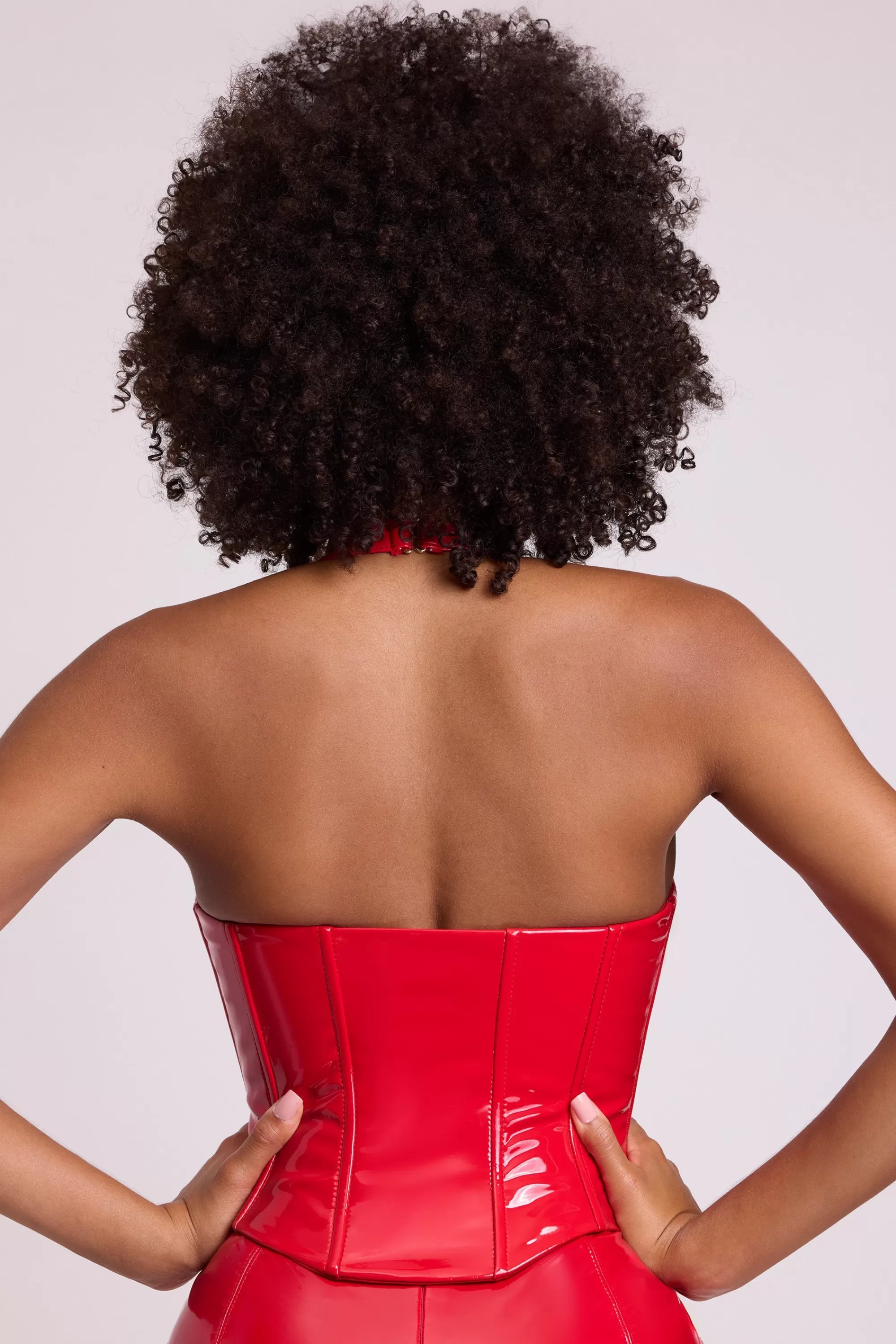 Oh Polly Vinyl Halter Neck Lace Up Corset Crop Top in Fire Red FireRed Cheap