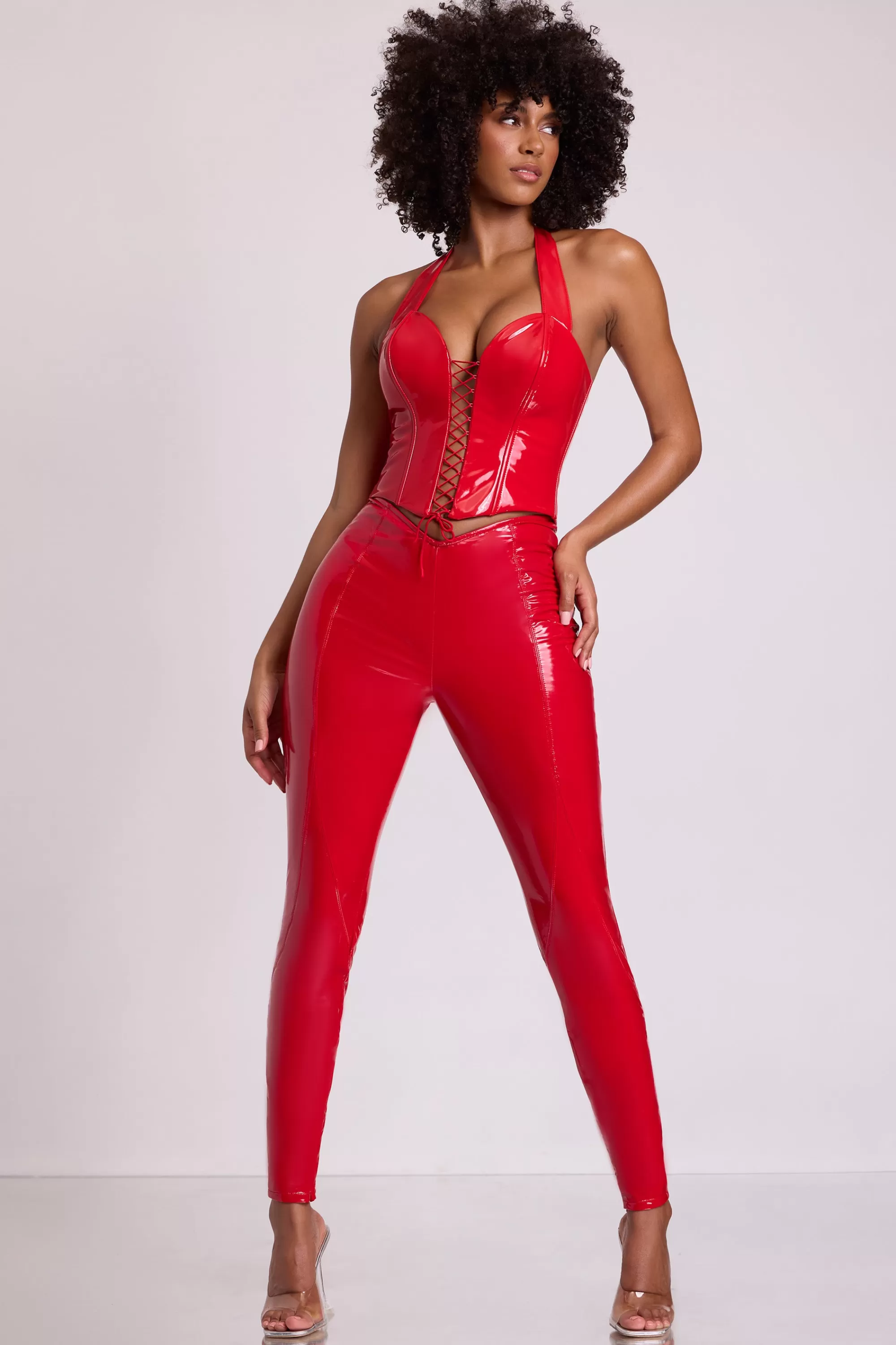 Oh Polly Vinyl Halter Neck Lace Up Corset Crop Top in Fire Red FireRed Cheap