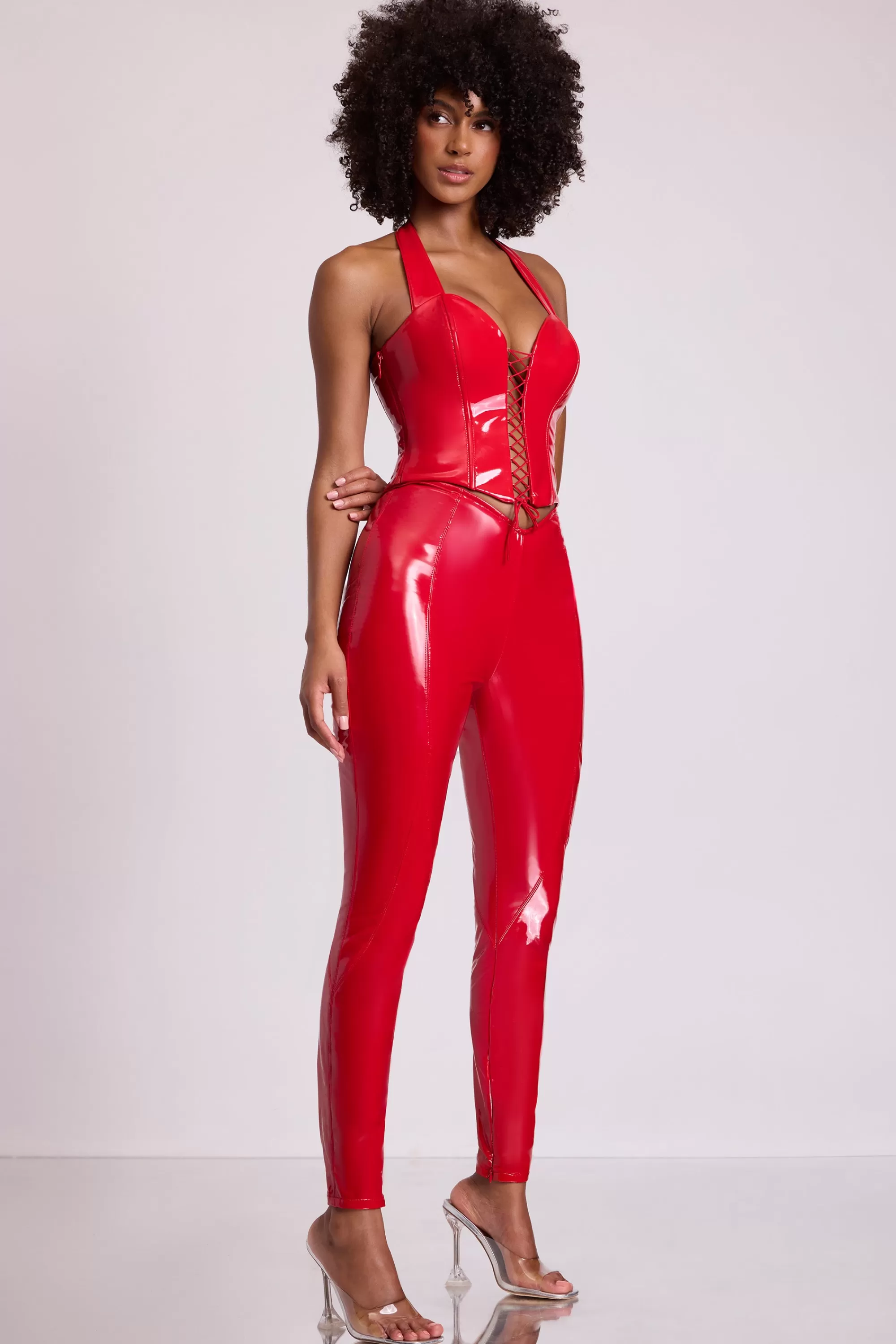 Oh Polly Vinyl Halter Neck Lace Up Corset Crop Top in Fire Red FireRed Cheap