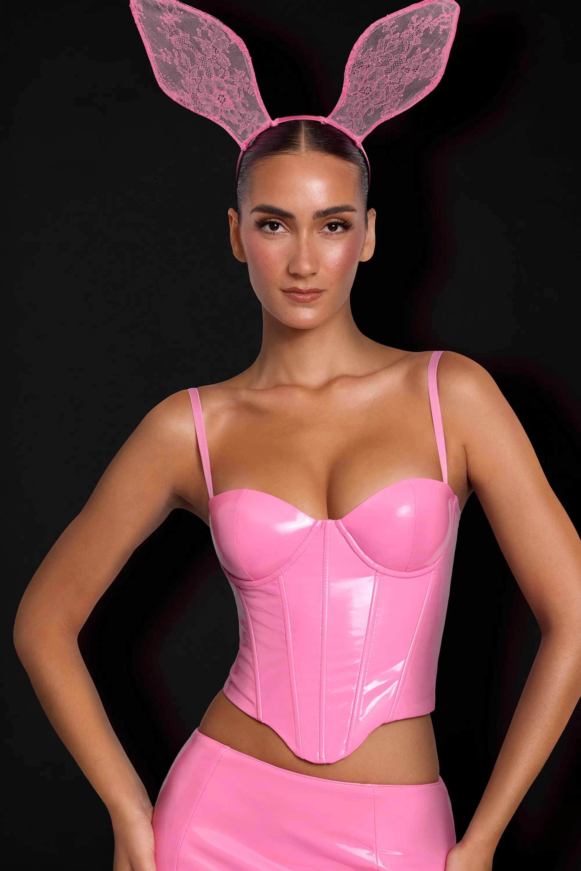 Oh Polly Vinyl Underwired Corset Crop Top in Pink Outlet
