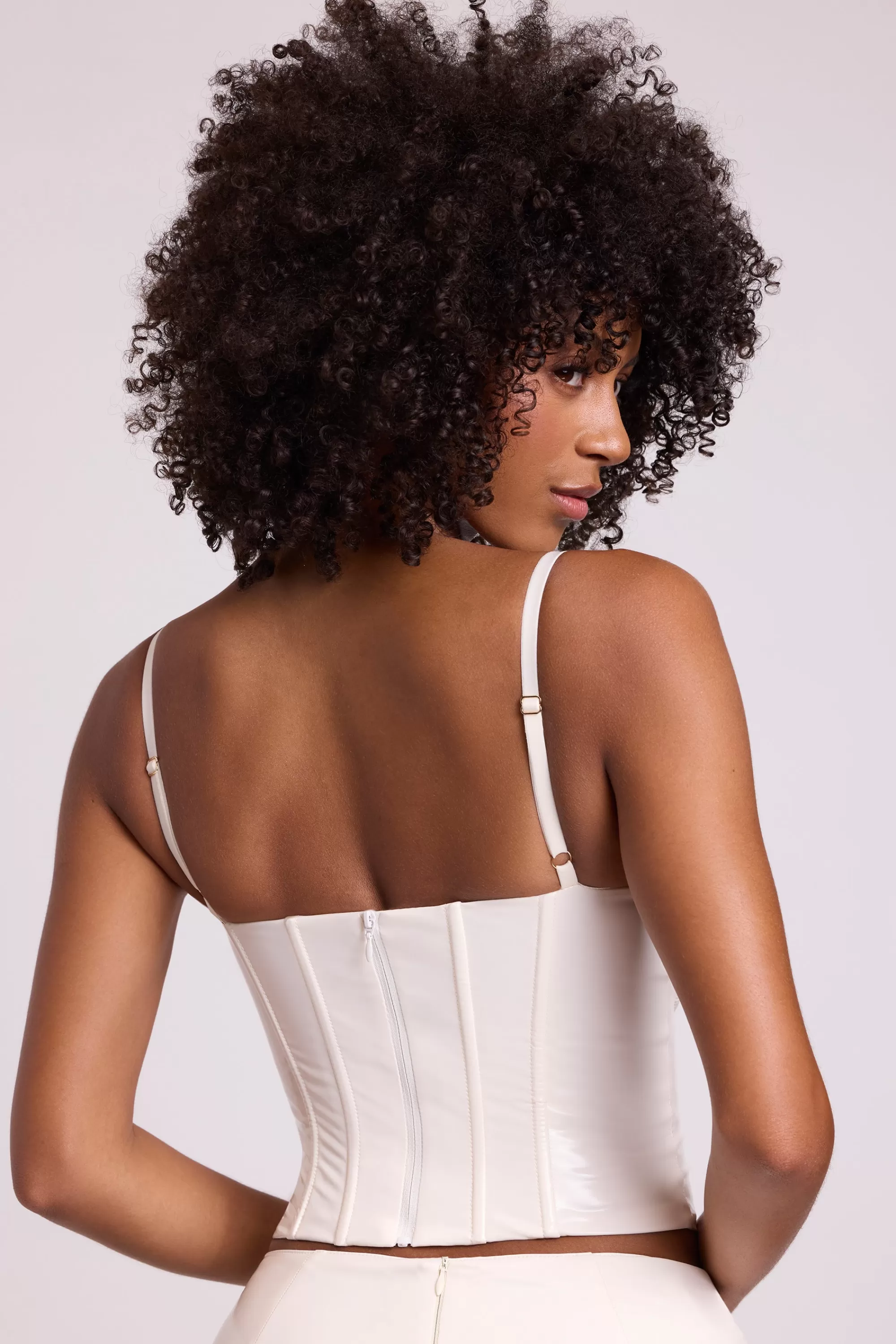 Oh Polly Vinyl Underwired Corset Crop Top in White Outlet