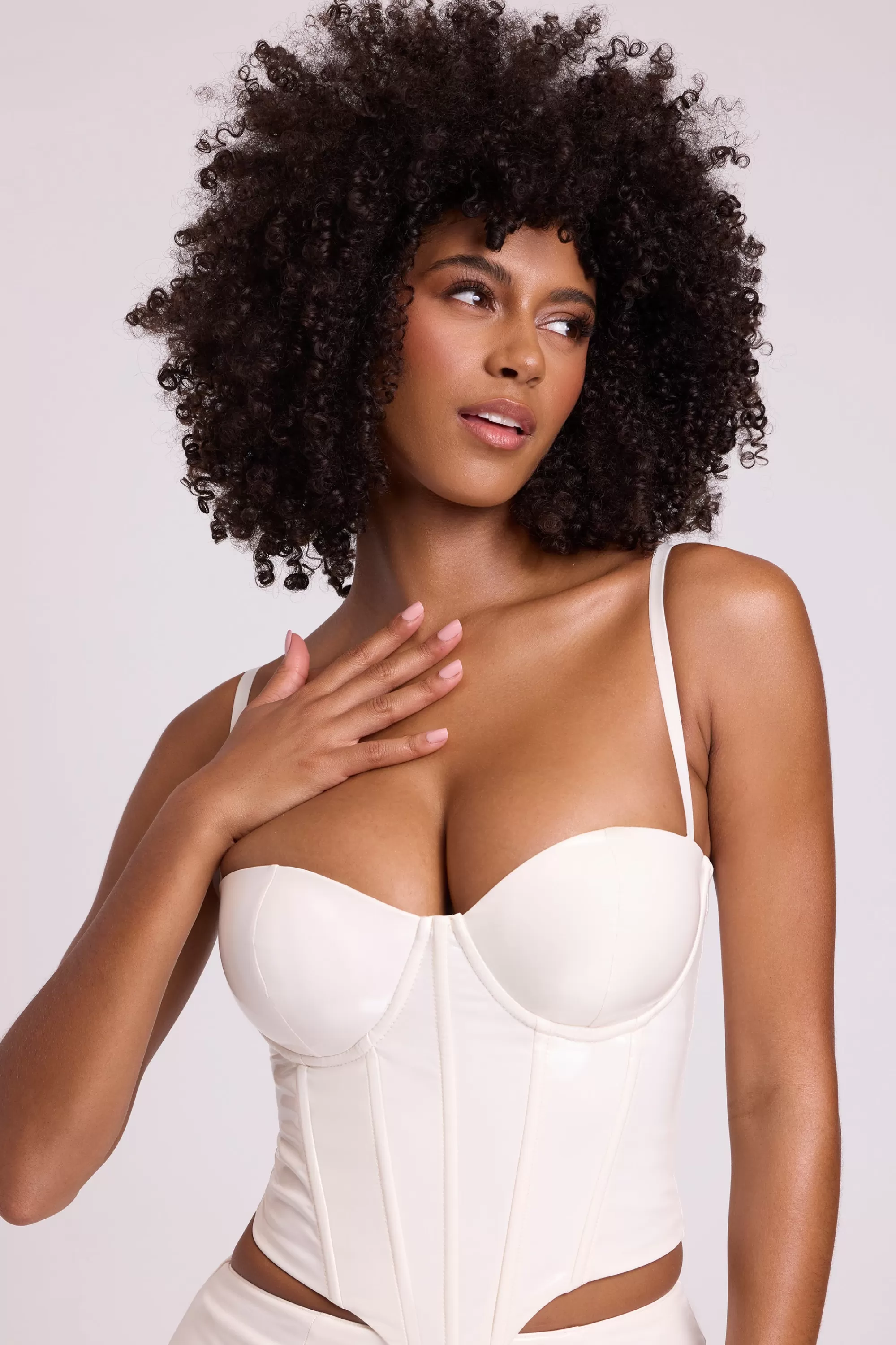 Oh Polly Vinyl Underwired Corset Crop Top in White Outlet