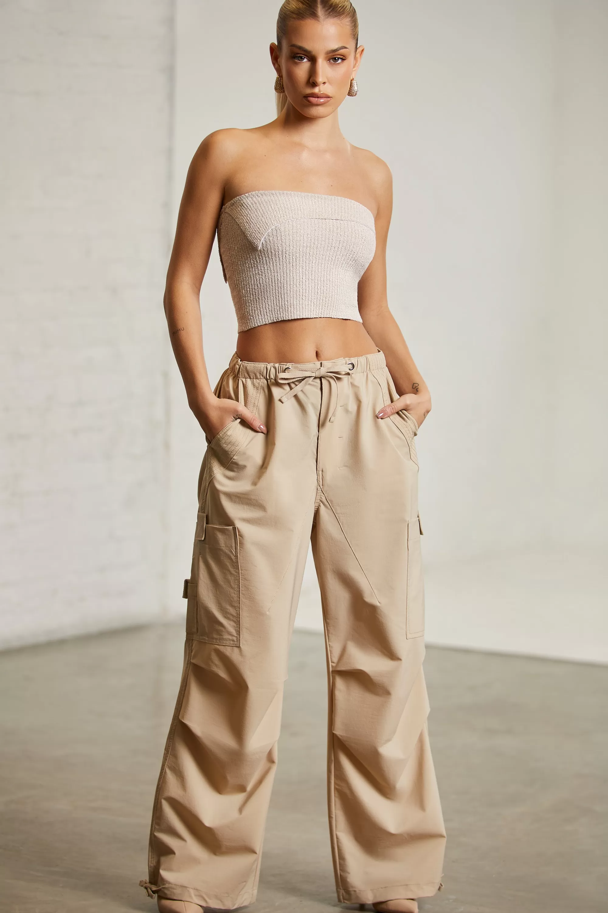 Oh Polly Wide Leg Cargo Trousers in Beige Sale