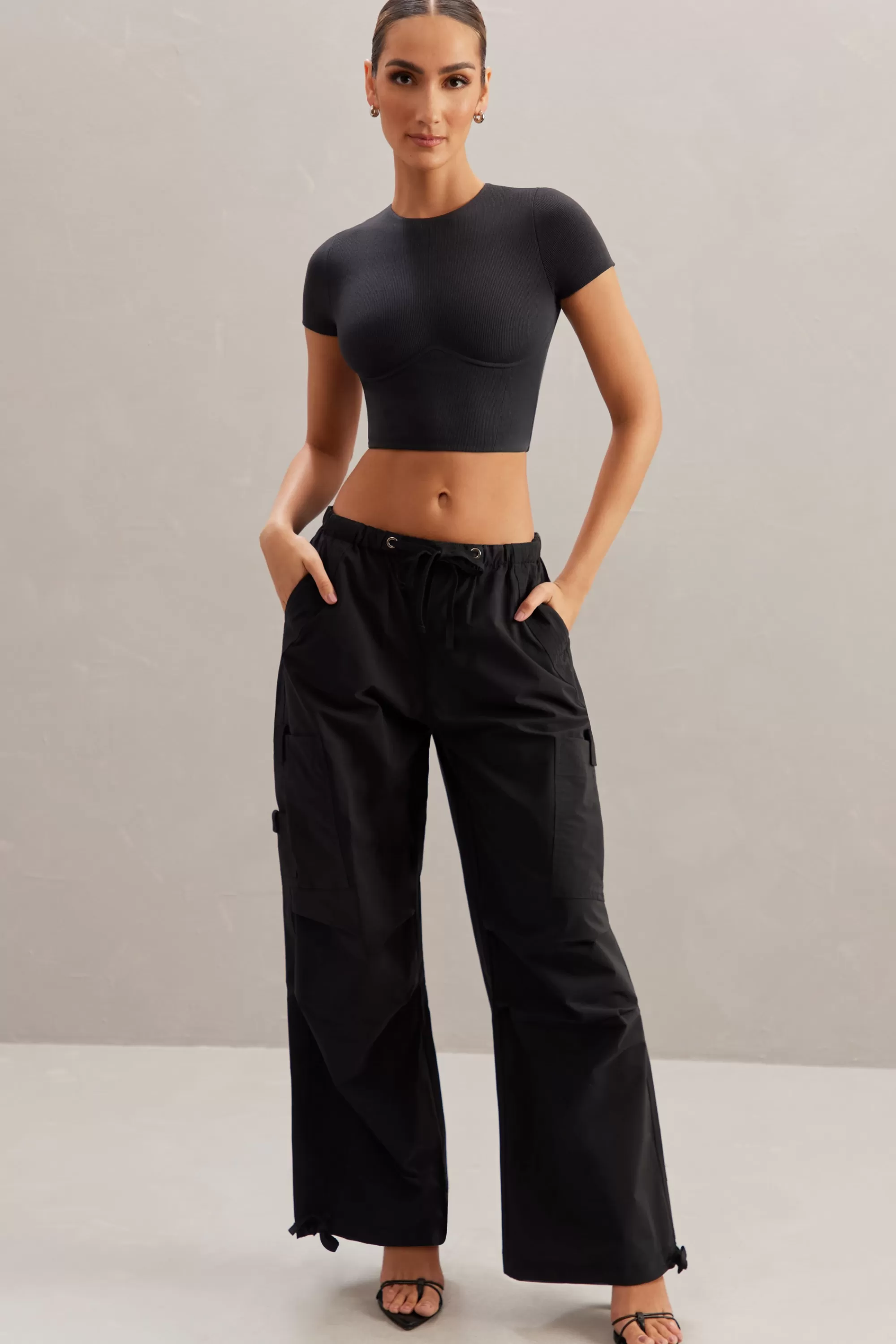 Oh Polly Wide Leg Cargo Trousers in Black Hot