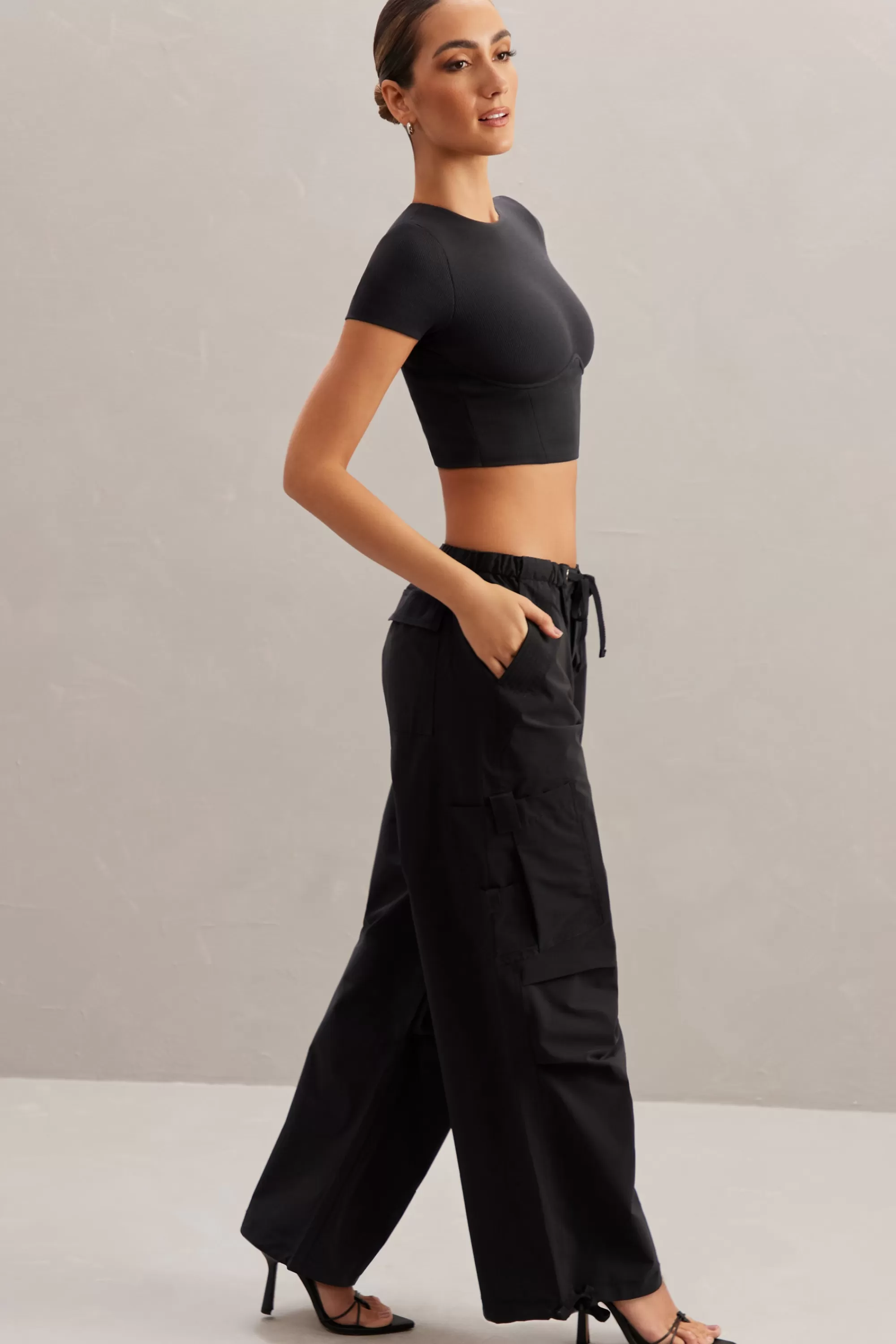 Oh Polly Wide Leg Cargo Trousers in Black Hot