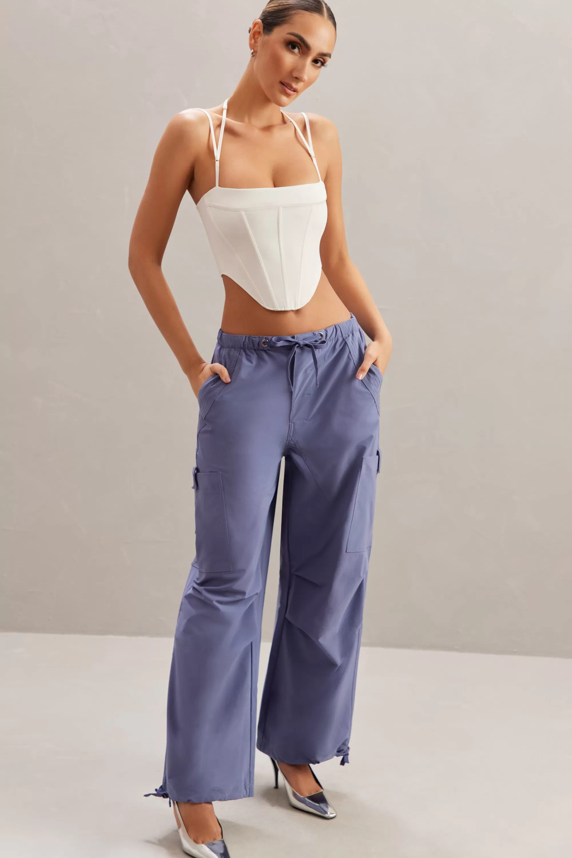 Oh Polly Wide Leg Cargo Trousers in Dusty Blue Navy Cheap