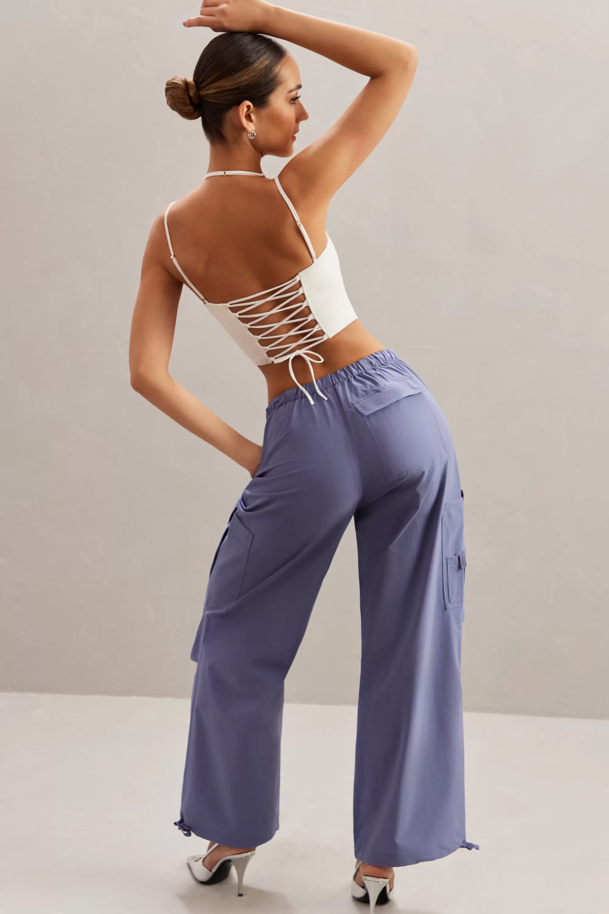 Oh Polly Wide Leg Cargo Trousers in Dusty Blue Navy Cheap