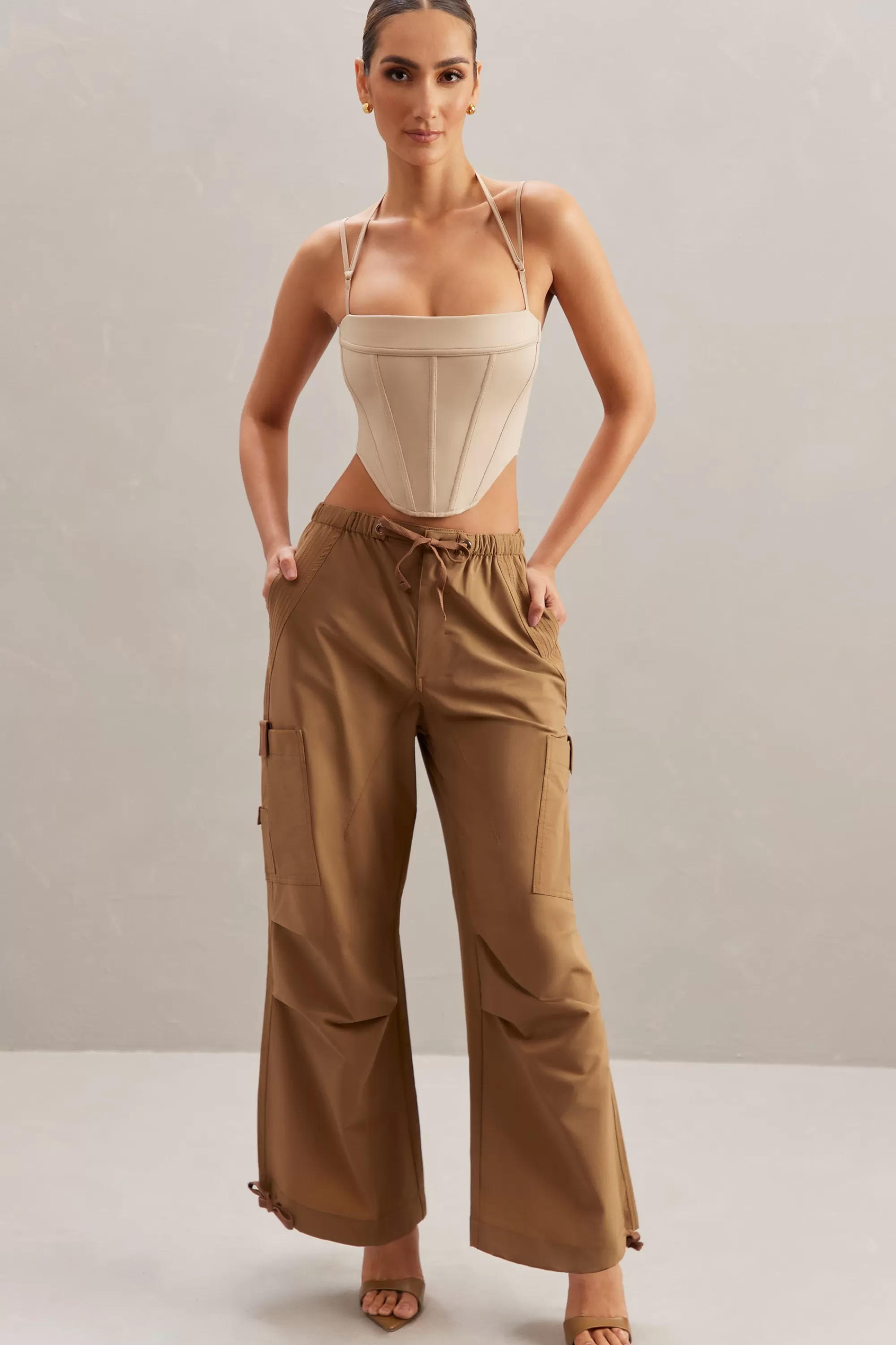 Oh Polly Wide Leg Cargo Trousers in Tan Cheap