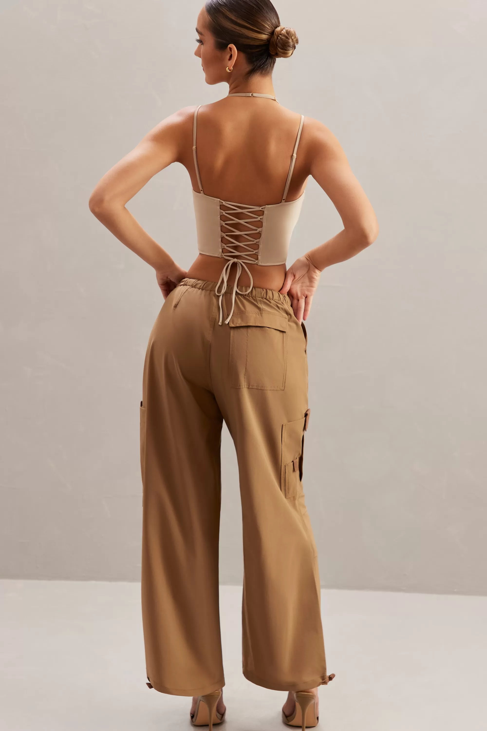 Oh Polly Wide Leg Cargo Trousers in Tan Cheap