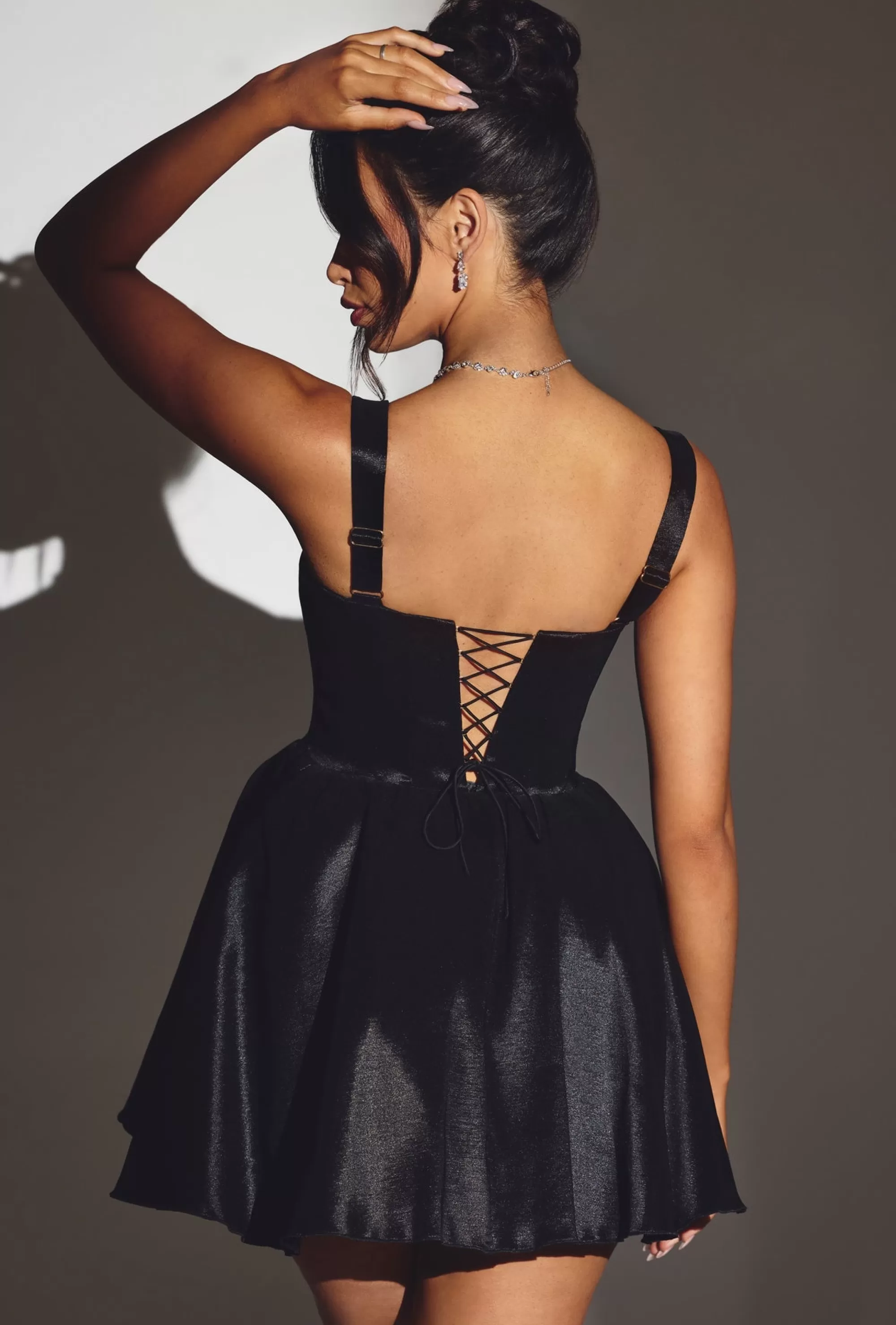 Oh Polly Woven Taffeta Corset Mini Dress in Jet Black JetBlack Hot