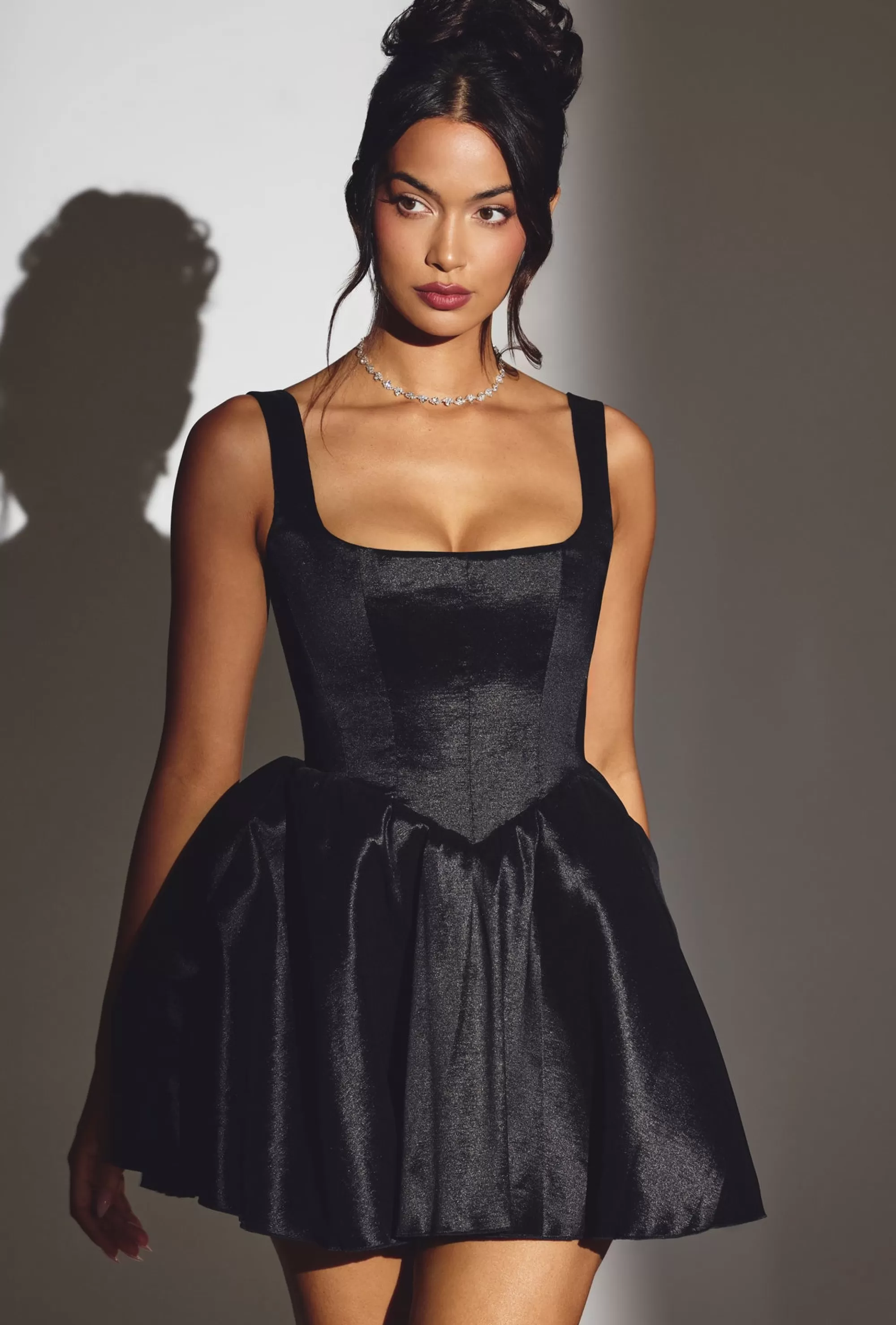 Oh Polly Woven Taffeta Corset Mini Dress in Jet Black JetBlack Hot