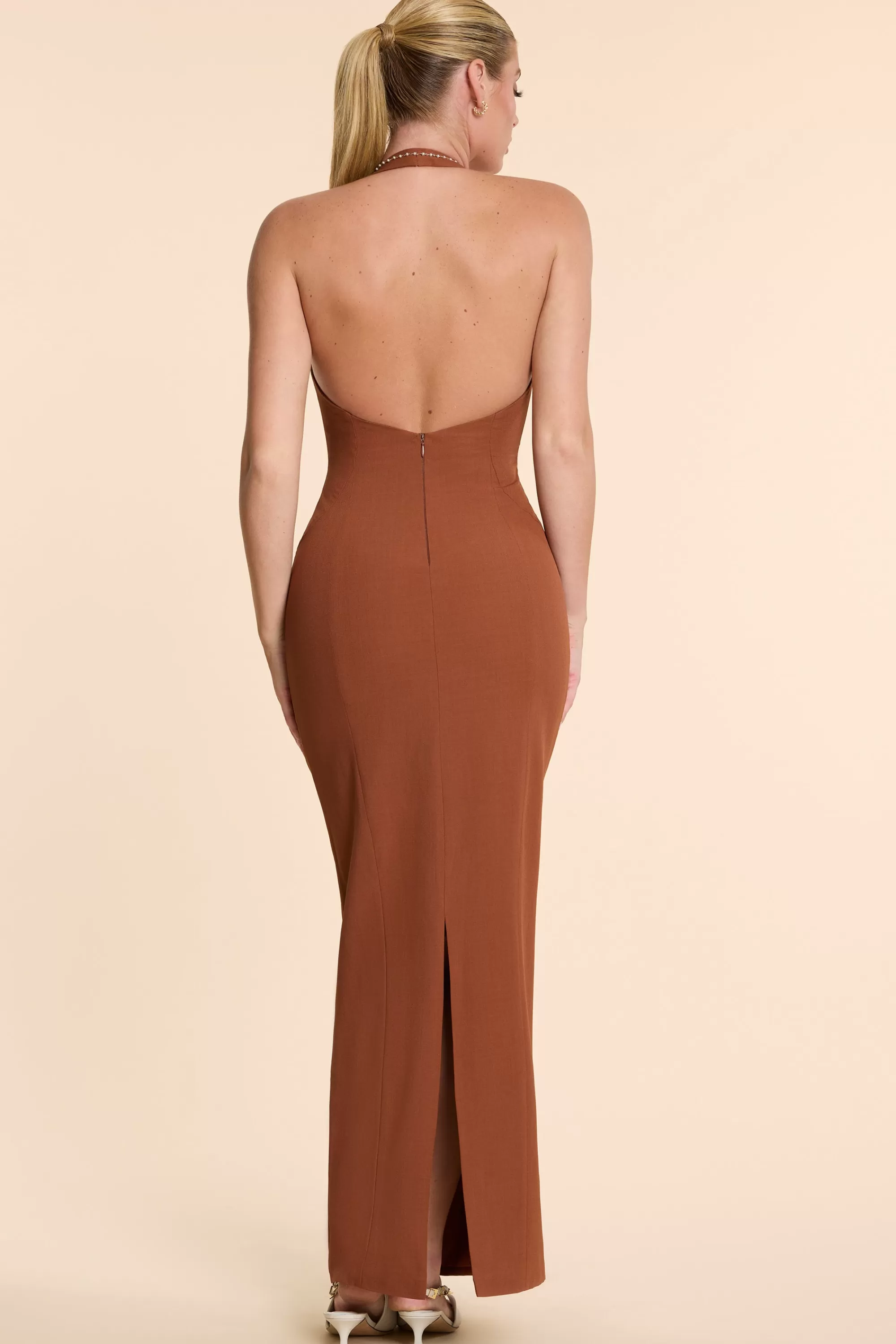 Oh Polly Woven Twill Halter Neck Plunge Maxi Dress in Chestnut Brown ChestnutBrown Clearance