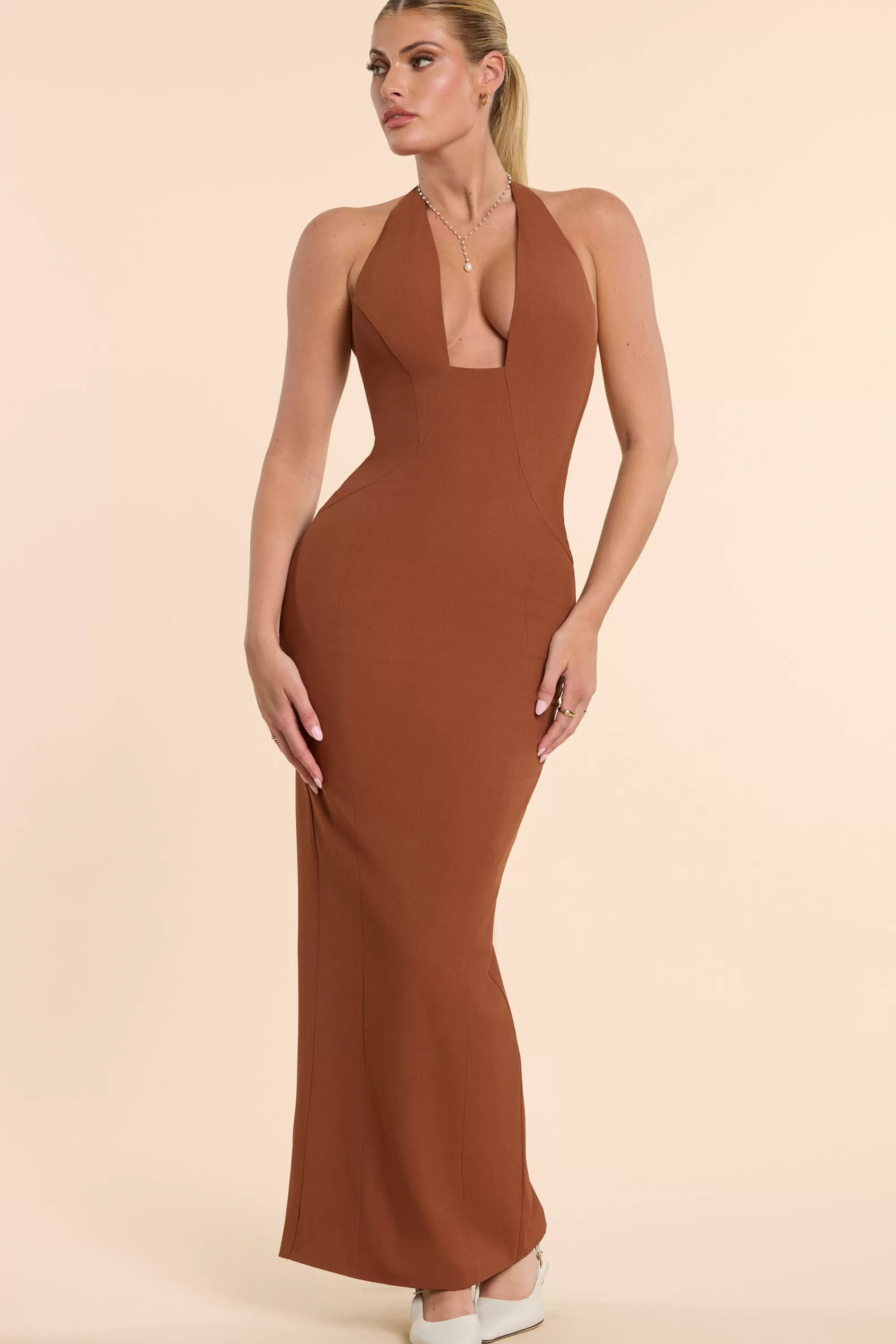 Oh Polly Woven Twill Halter Neck Plunge Maxi Dress in Chestnut Brown ChestnutBrown Clearance
