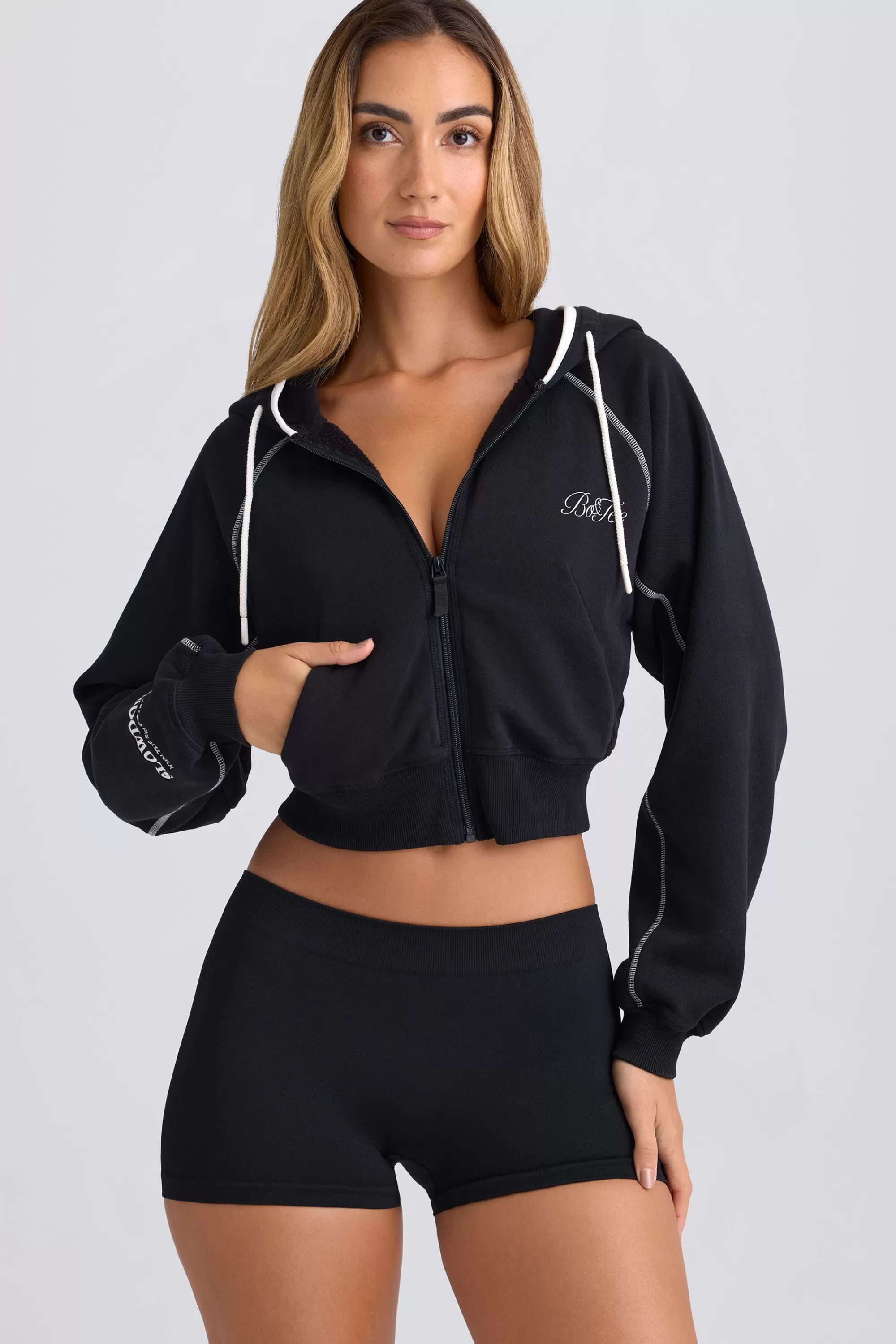 Oh Polly Zip-Up Cropped Hoodie in Black Cheap